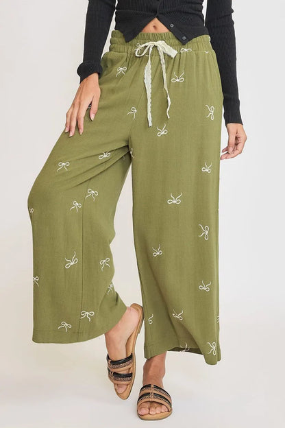 Umgee Full Size Lace Drawstring Embroidered Bow Wide Leg Pants Plus Size
