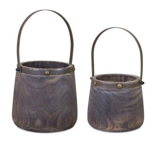 Melrose International Natural Wooden Pail Planter with Metal Handle Accent (Set of 2)