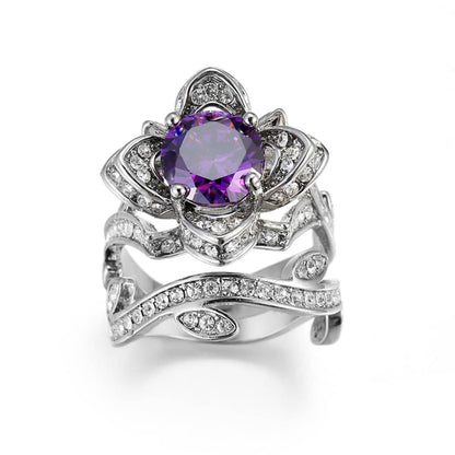Purple Crystal & Cubic Zirconia Flower Ring Set-3
