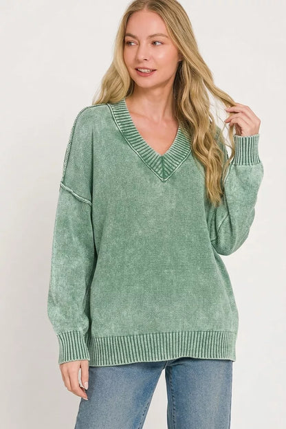 Zenana Washed Deep V-neck Oversized Sweater