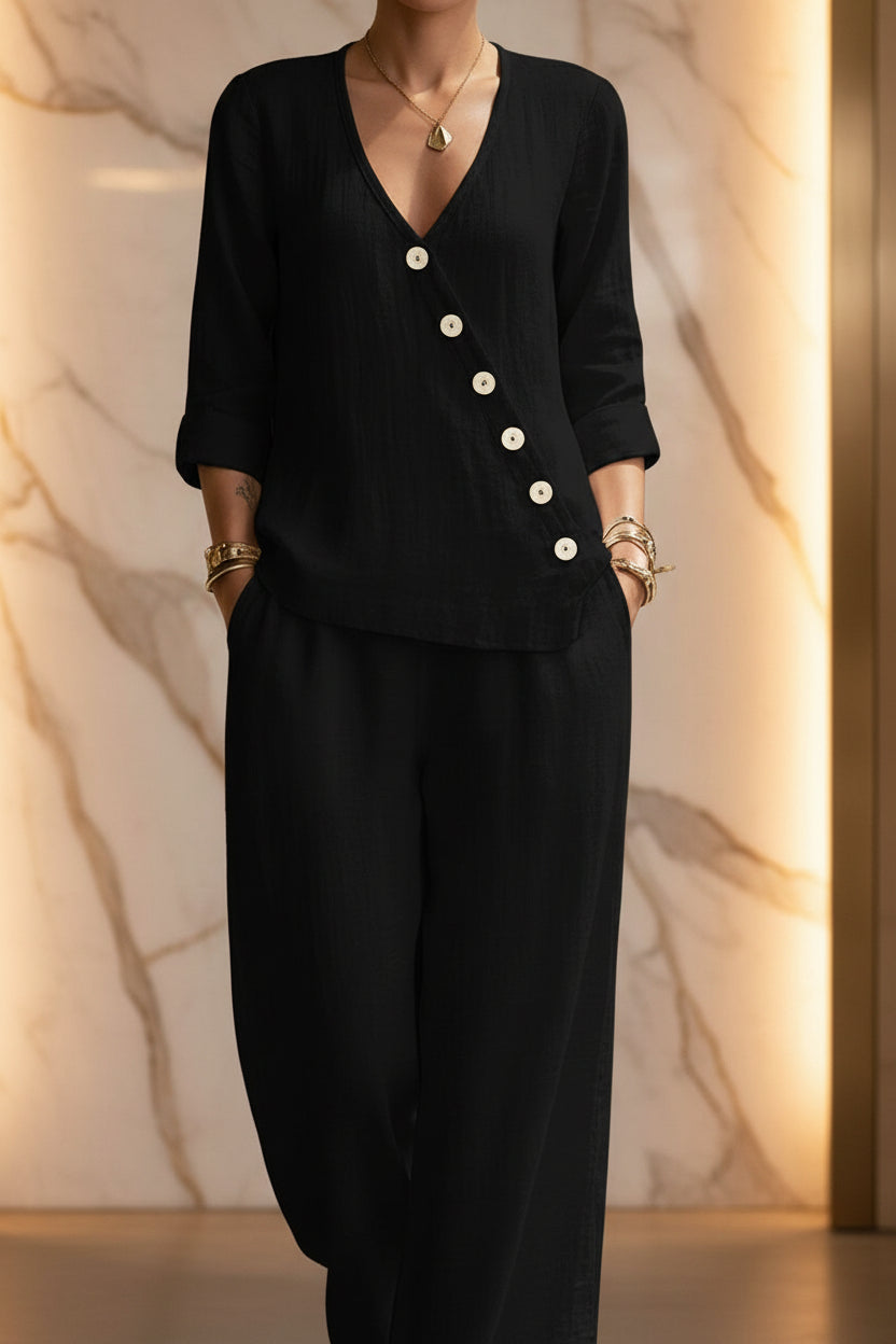 Women's V-Neck Diagonal Button Placket Cotton-Linen Shirt & Wide-Leg Pants Set