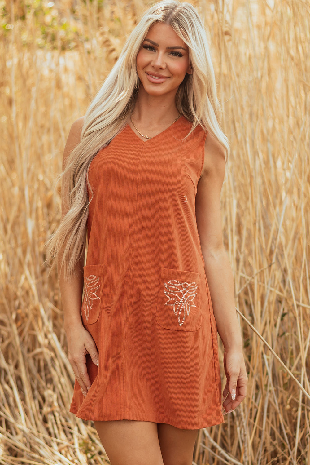 Threaded Pear Molly Corduroy Western Embroidered Patched Pocket Mini Dress