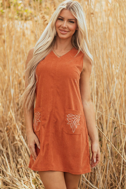 Threaded Pear Molly Corduroy Western Embroidered Patched Pocket Mini Dress