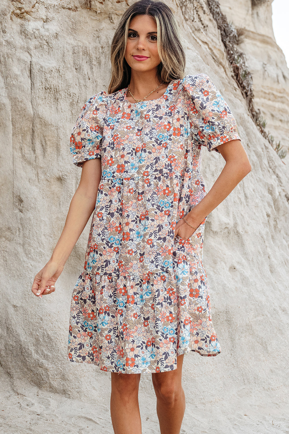 Threaded Pear Aliana Bohemian Floral Mini Dress