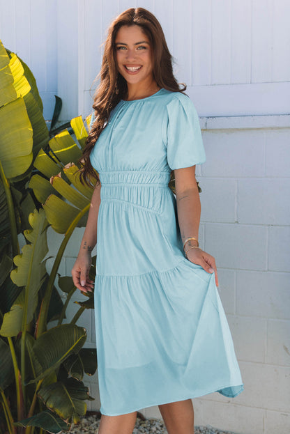 Threaded Pear Lara Puff Sleeve Pleated High Waist Midi Dress