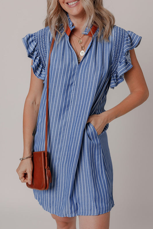 Threaded Pear Leah Stripe Frilly Split Neck Shirred Ruffle Sleeve Dress