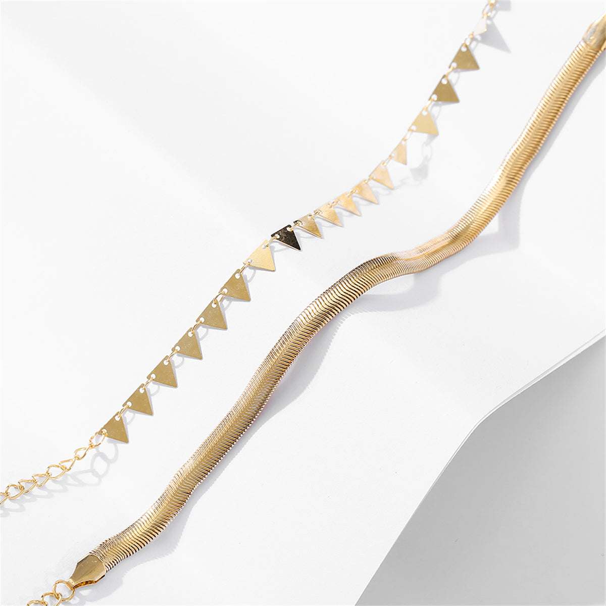 Goldtone Snake Chain & Triangle Station Anklet Set