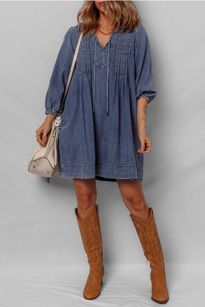 Threaded Pear Autumn Tied Pleated Mini Dress