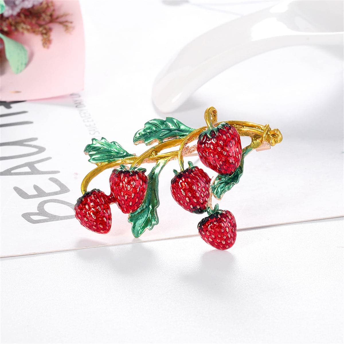 Red Enamel & Goldtone Strawberries Brooch