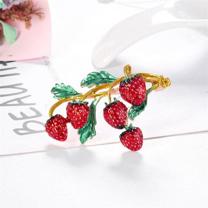 Red Enamel & Goldtone Strawberries Brooch