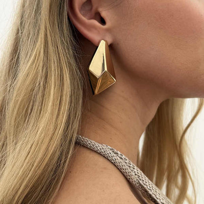 Goldtone 3D Diamond Cut Statement Stud Earring