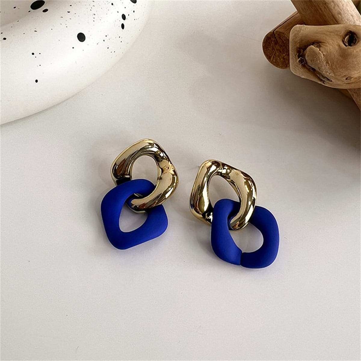 Blue Enamel & Goldtone Interlocked Rhombus Drop Earrings