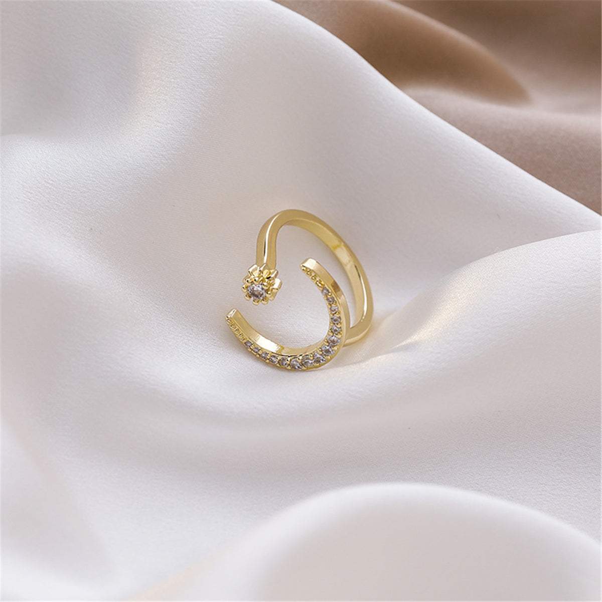 Cubic Zirconia & Goldtone Moon Star Open Ring