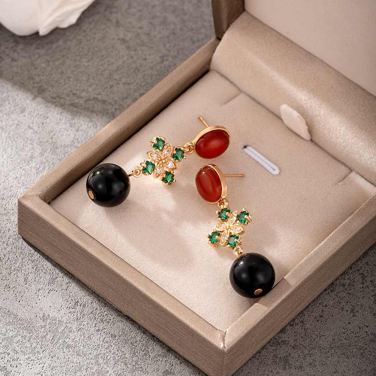 Red Resin & Green Crystal Goldtone Flower Ball Dangle Earrings