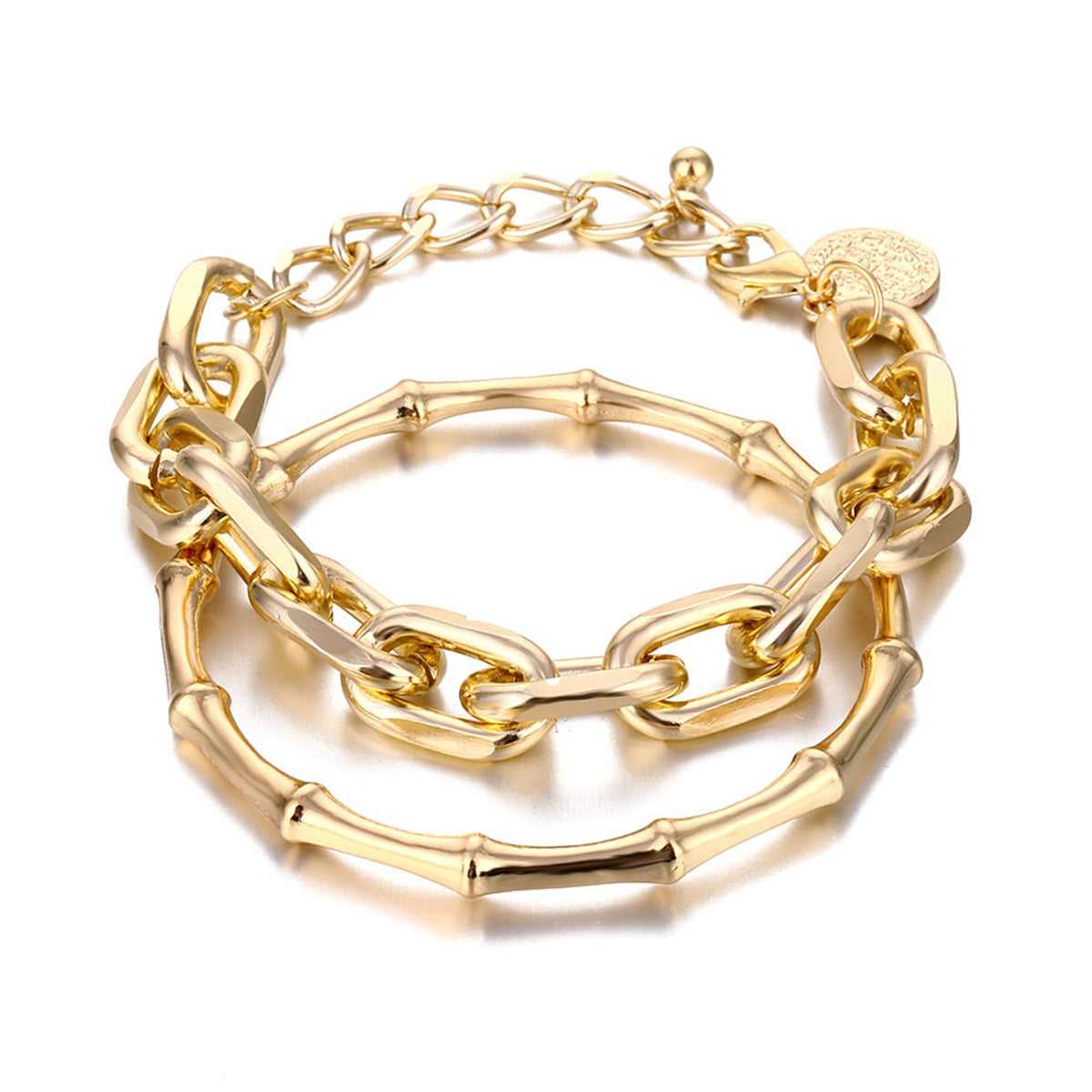 Goldtone Cable Chain Bracelet & Bamboo Bangle Set