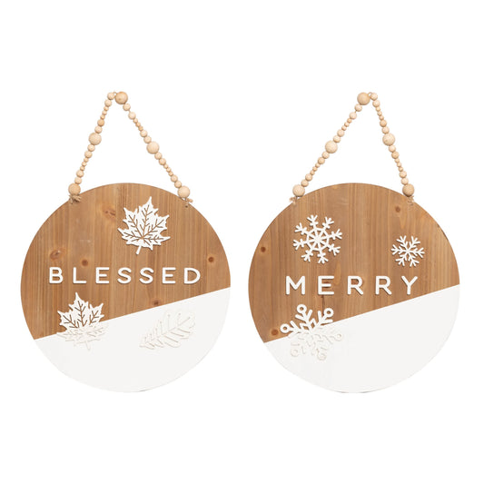22.83 in Multicolored Reversible Christmas Wall Sign Merry Blessed Wood Decor Panels