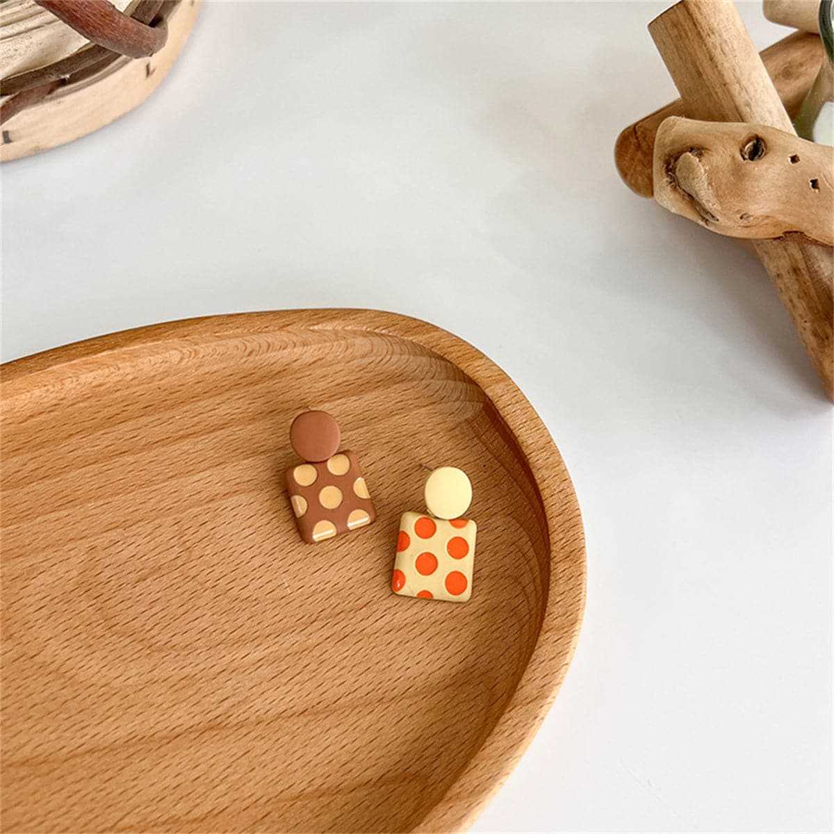 Coffee Enamel & Silvertone Spot Square Drop Earrings