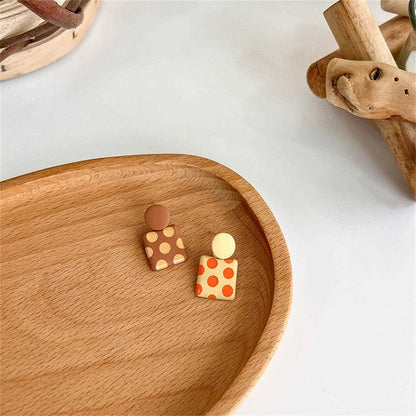Coffee Enamel & Silvertone Spot Square Drop Earrings