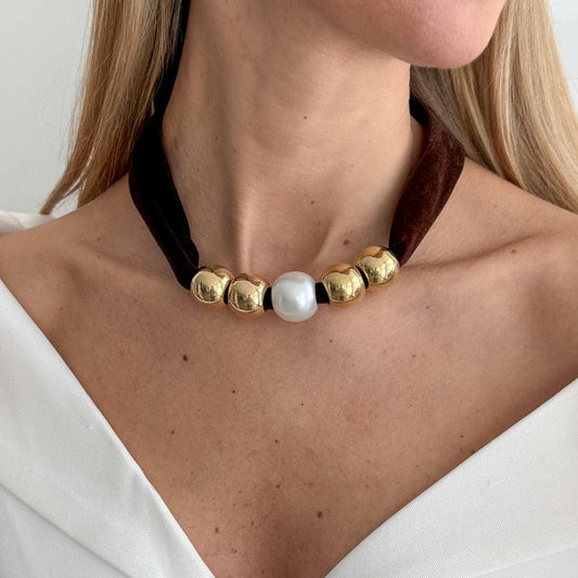 Dark Brown Polyster & Pearl Goldtone Ball Collar Necklace