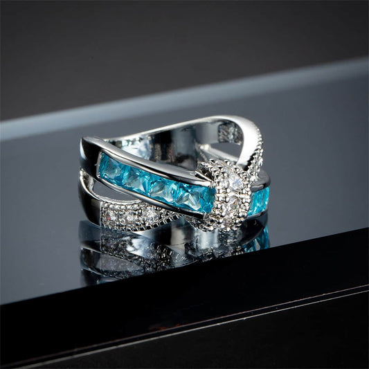 Sea Blue Crystal & Cubic Zirconia Openwork Twist Princess-Cut Ring-1
