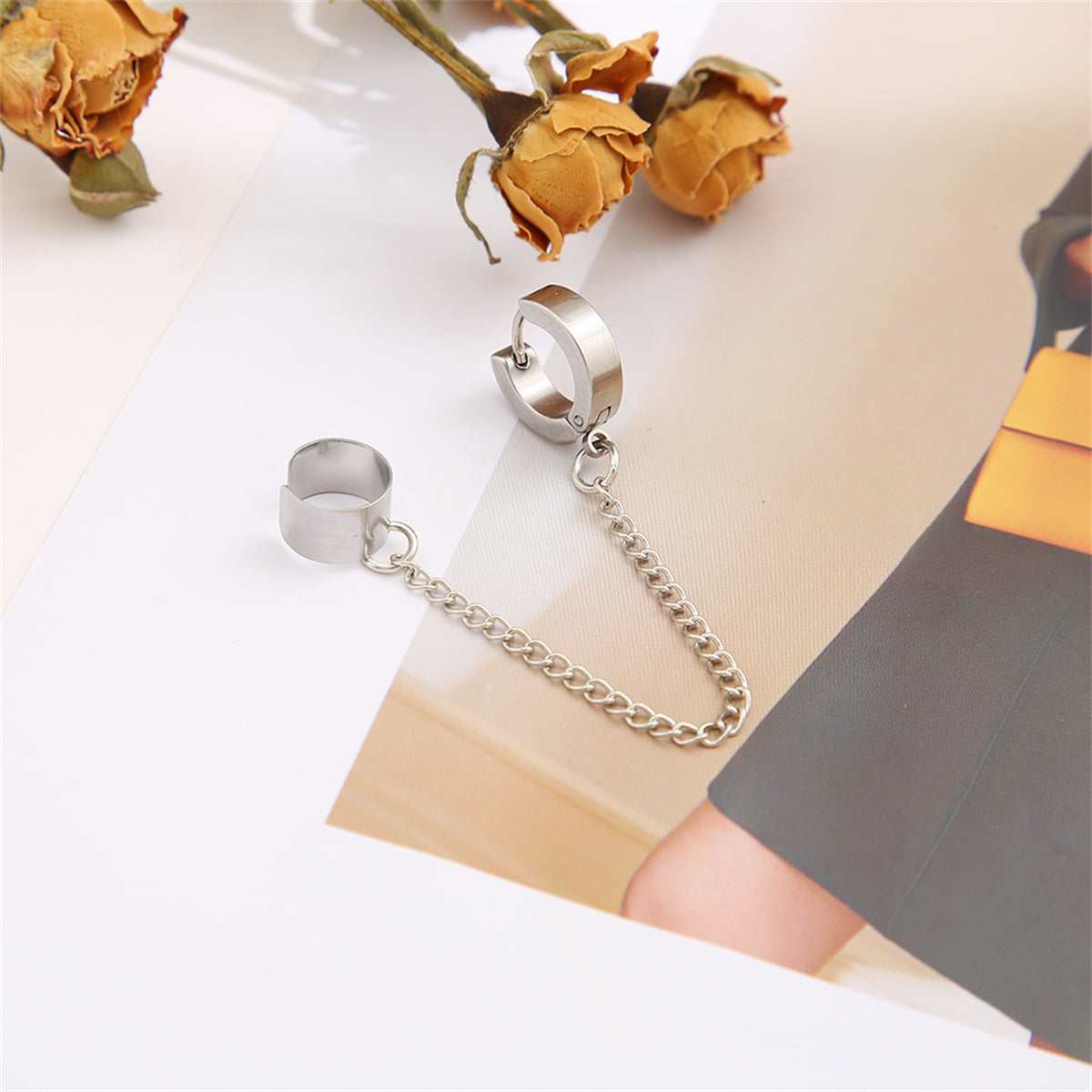 Silvertone Huggie Earring & Chain Ear Cuff