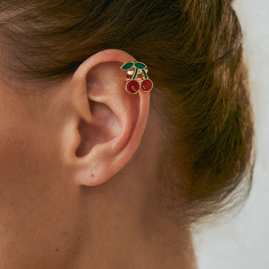 Red Enamel & Goldtone Cherry Ear Cuff