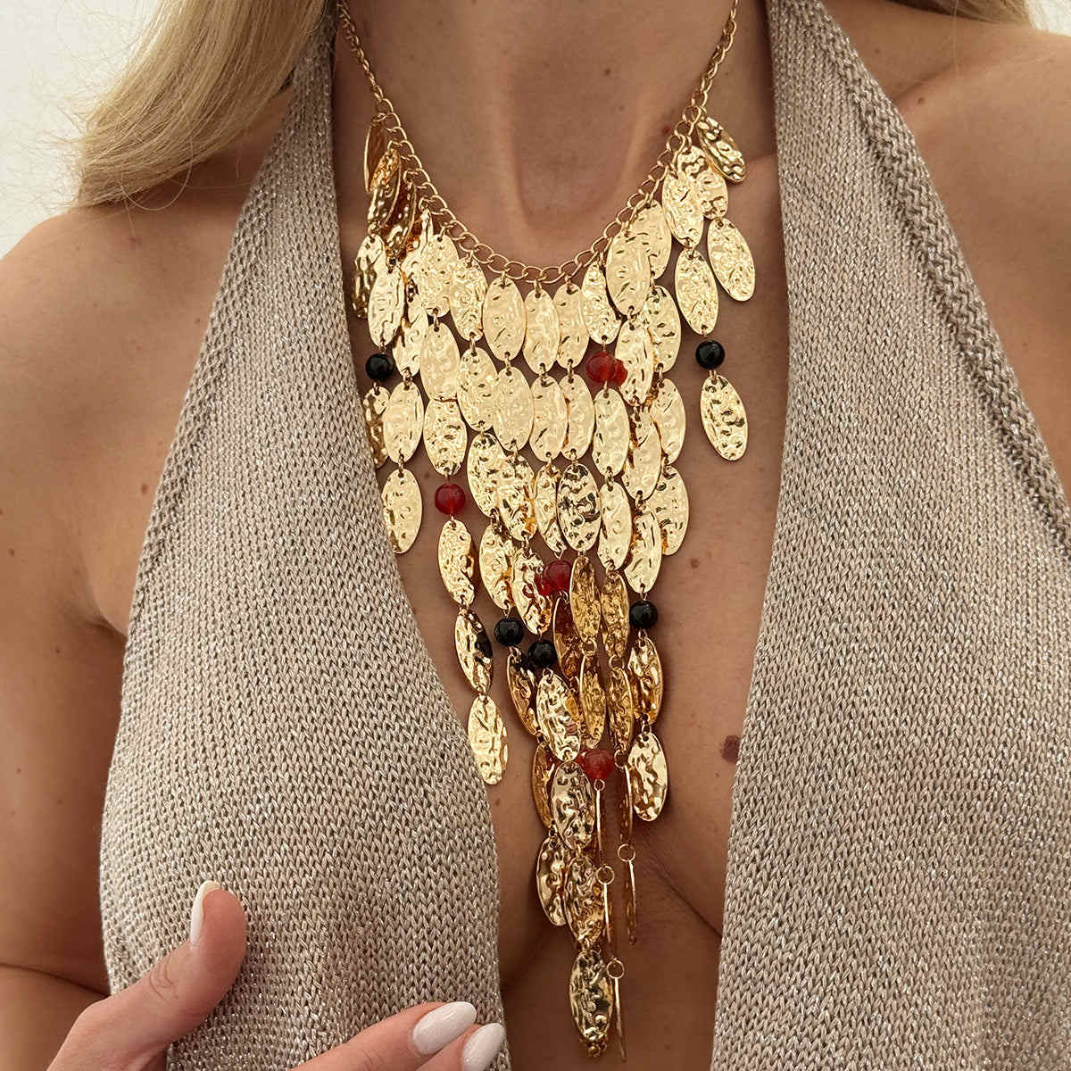 Resin & Goldtone Hammered Leaves Tassel Statement Necklace