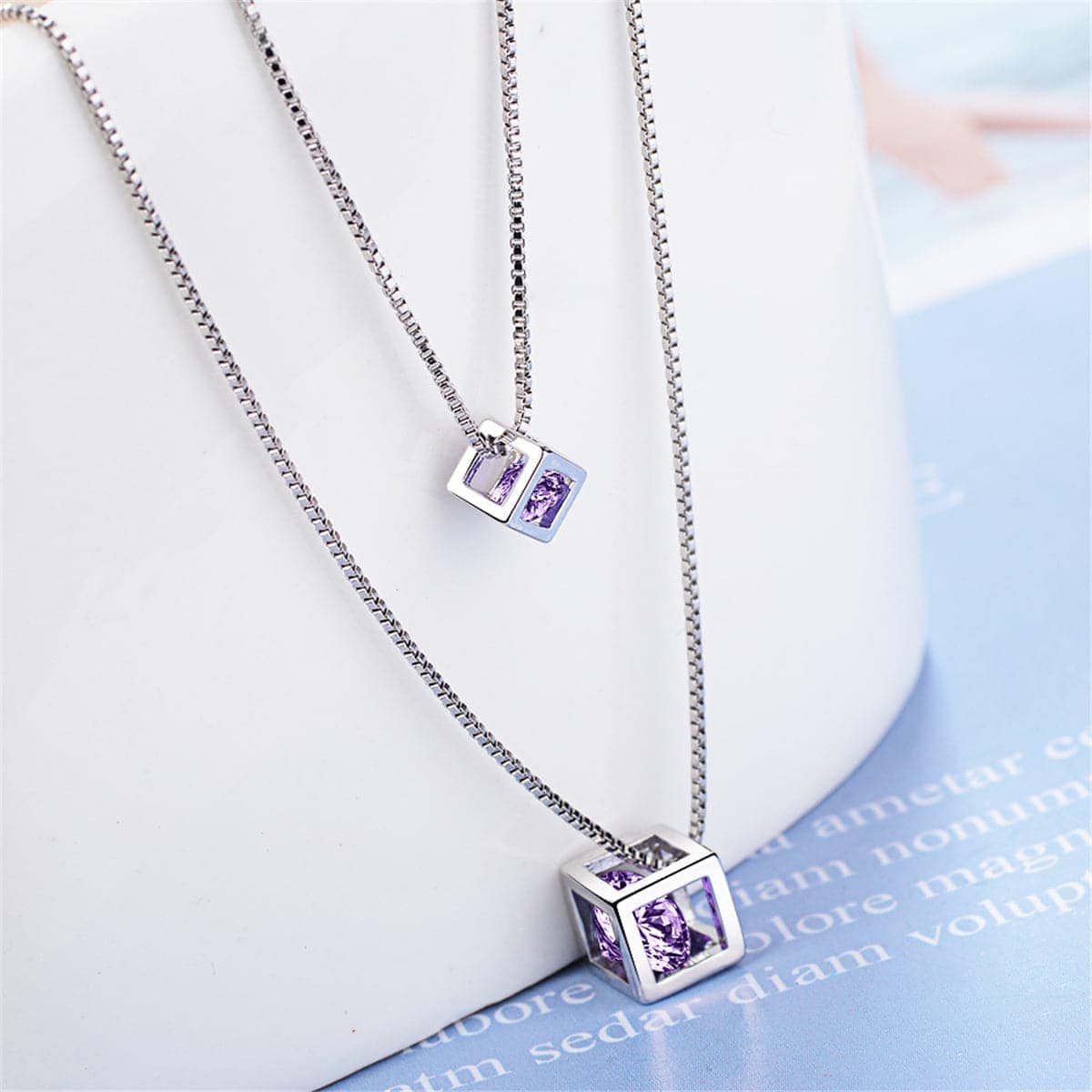 Purple Cubic Zirconia & Silvertone Double Layer Cube Pendant Necklace