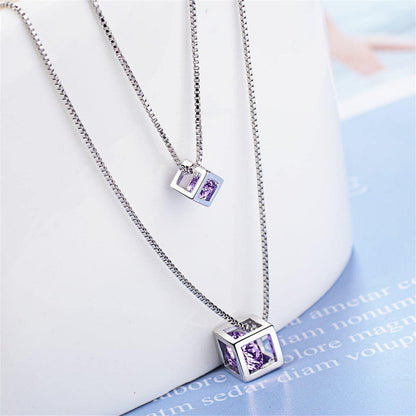 Purple Cubic Zirconia & Silvertone Double Layer Cube Pendant Necklace
