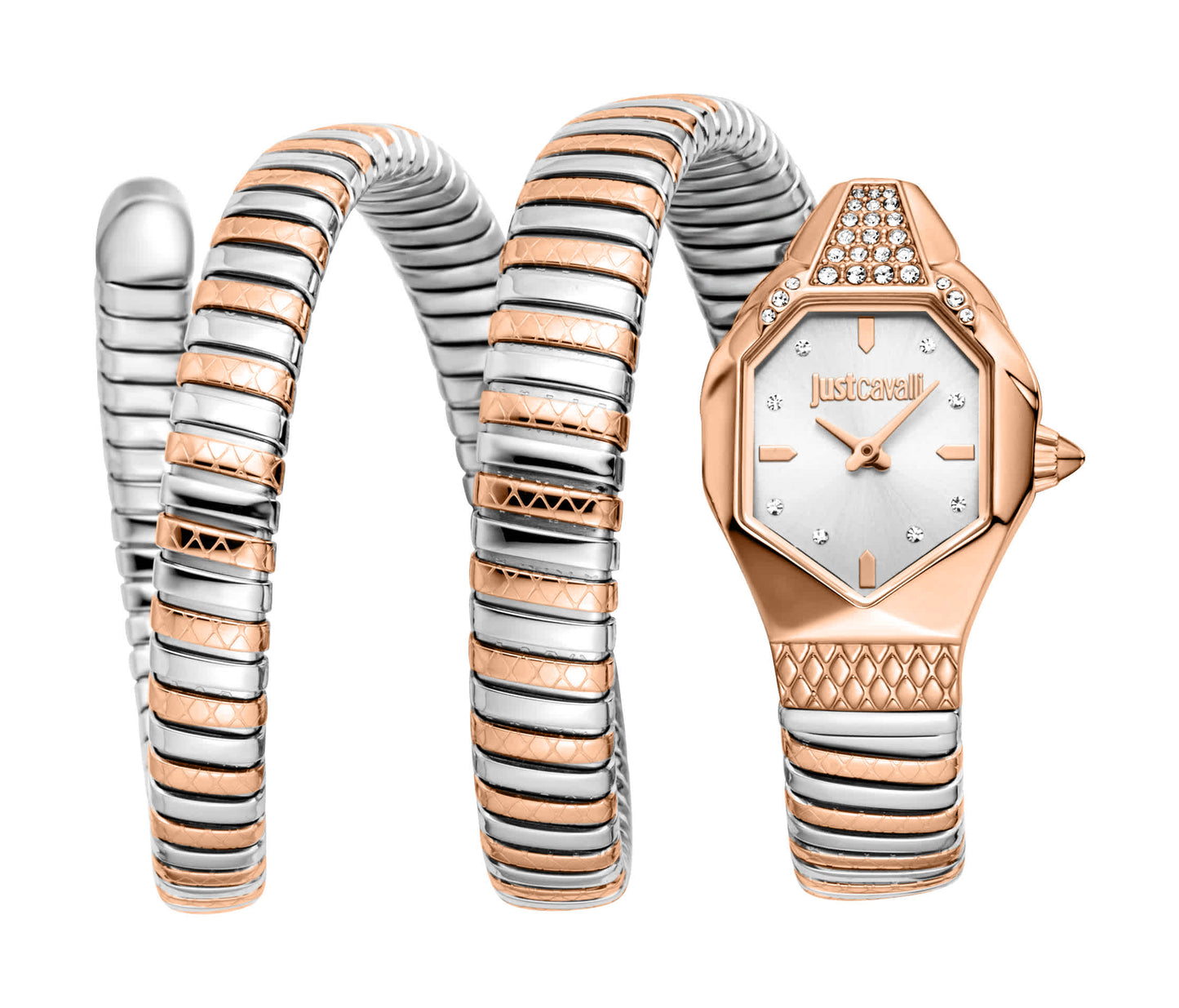 Just CAVALLI Women Watch, Two Tone Silver & Rose Gold Color Case, Silver Dial, Two Tone Silver & Rose Gold Color Metal Bracelet, 2 Hands, 3 Atm