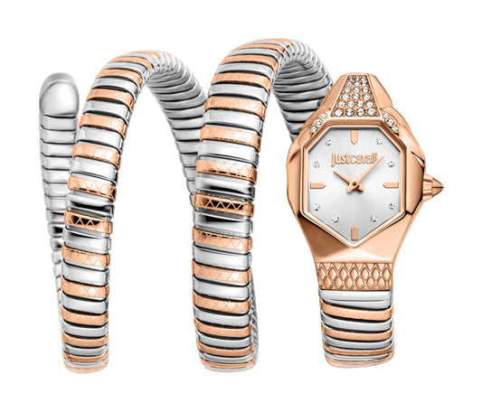 JUST CAVALLI Womens's Snake Watch, Rose Gold Color Case, Silver Dial, Two Tone Silver & Rose Gold Stainless Steel Bracelet JC1L370M0065