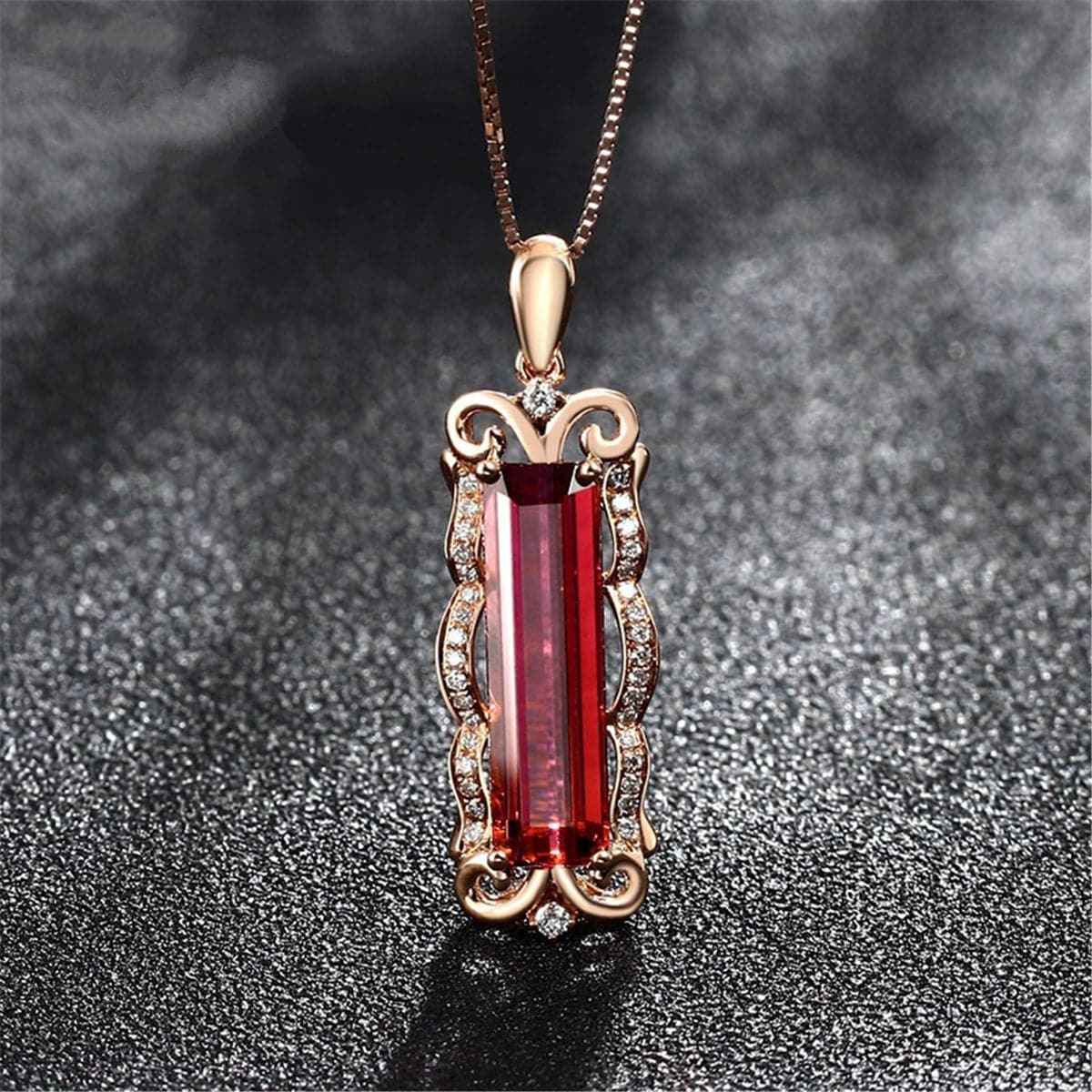 Red Crystal & Cubic Zirconia Rectangle Pendant Necklace