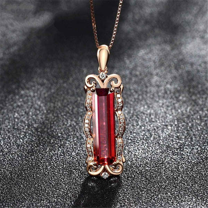Red Crystal & Cubic Zirconia Rectangle Pendant Necklace