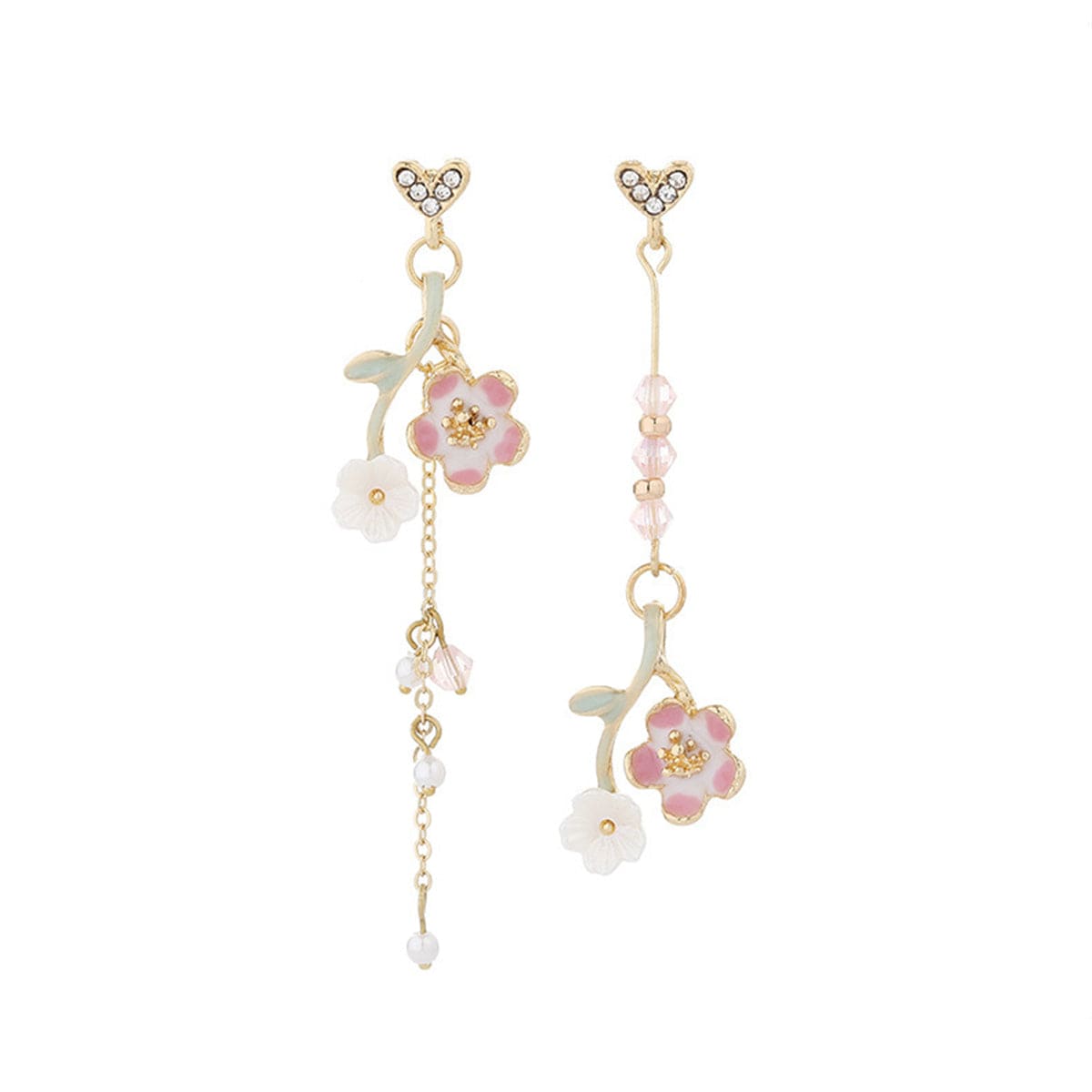 Pearl & Enamel Acrylic Goldtone Floral Mismatched Drop Earrings