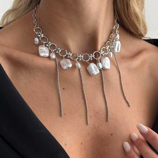 Baroque Pearl & Silvertone Circle Link Tassel Collar Necklace