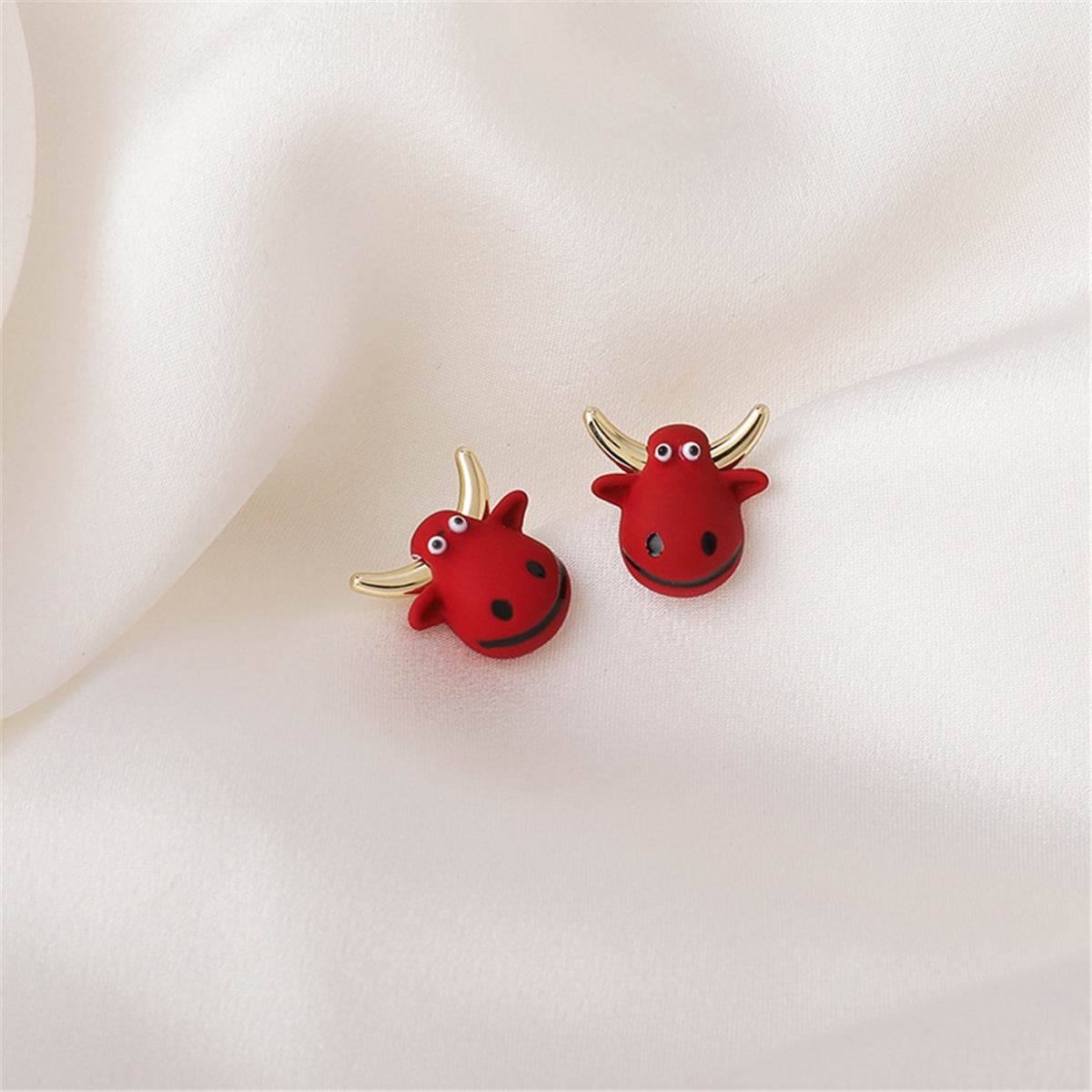 Red Polymer Clay & Goldtone Cattle Stud Earrings