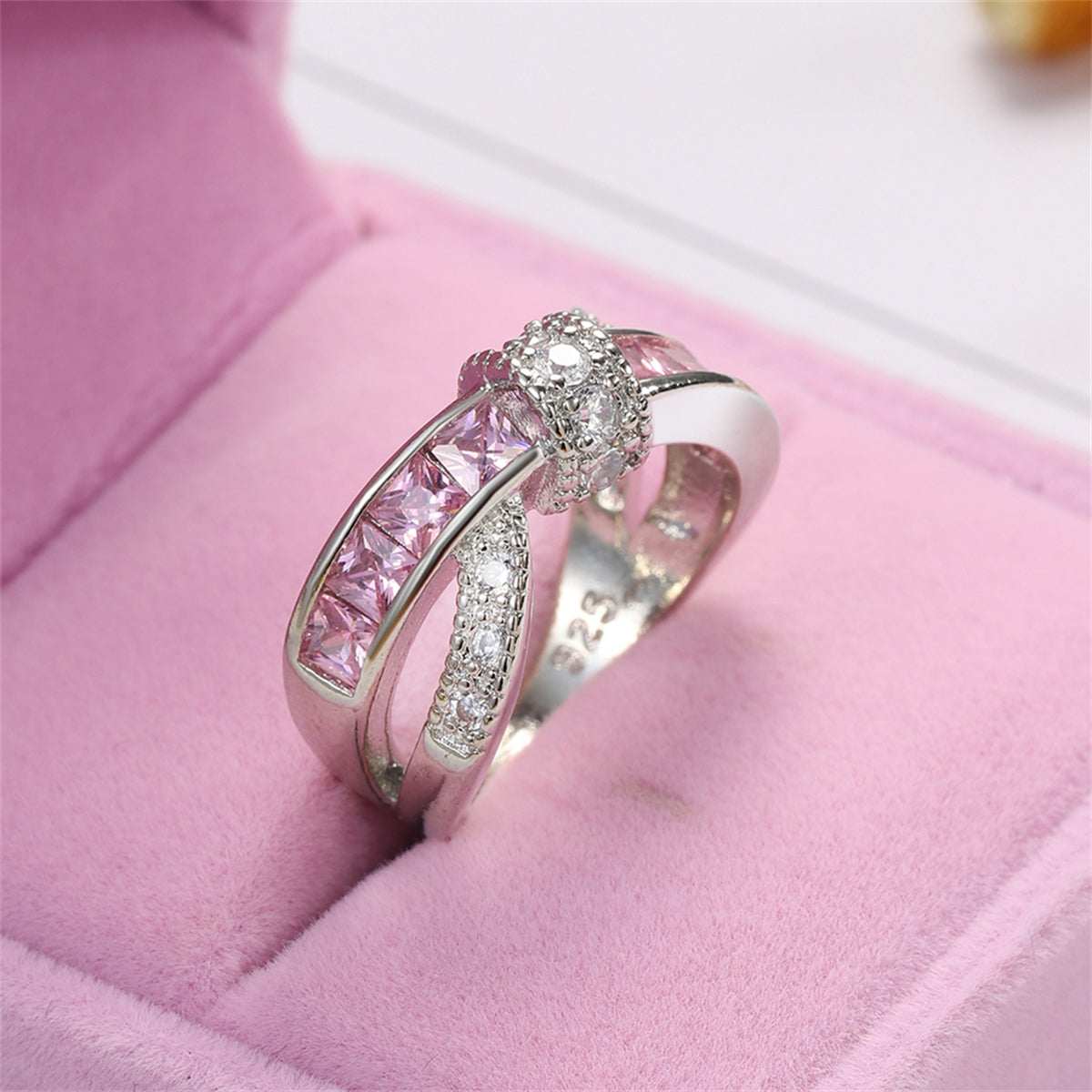 Pink Crystal & Cubic Zirconia Openwork Twist Princess-Cut Ring-2