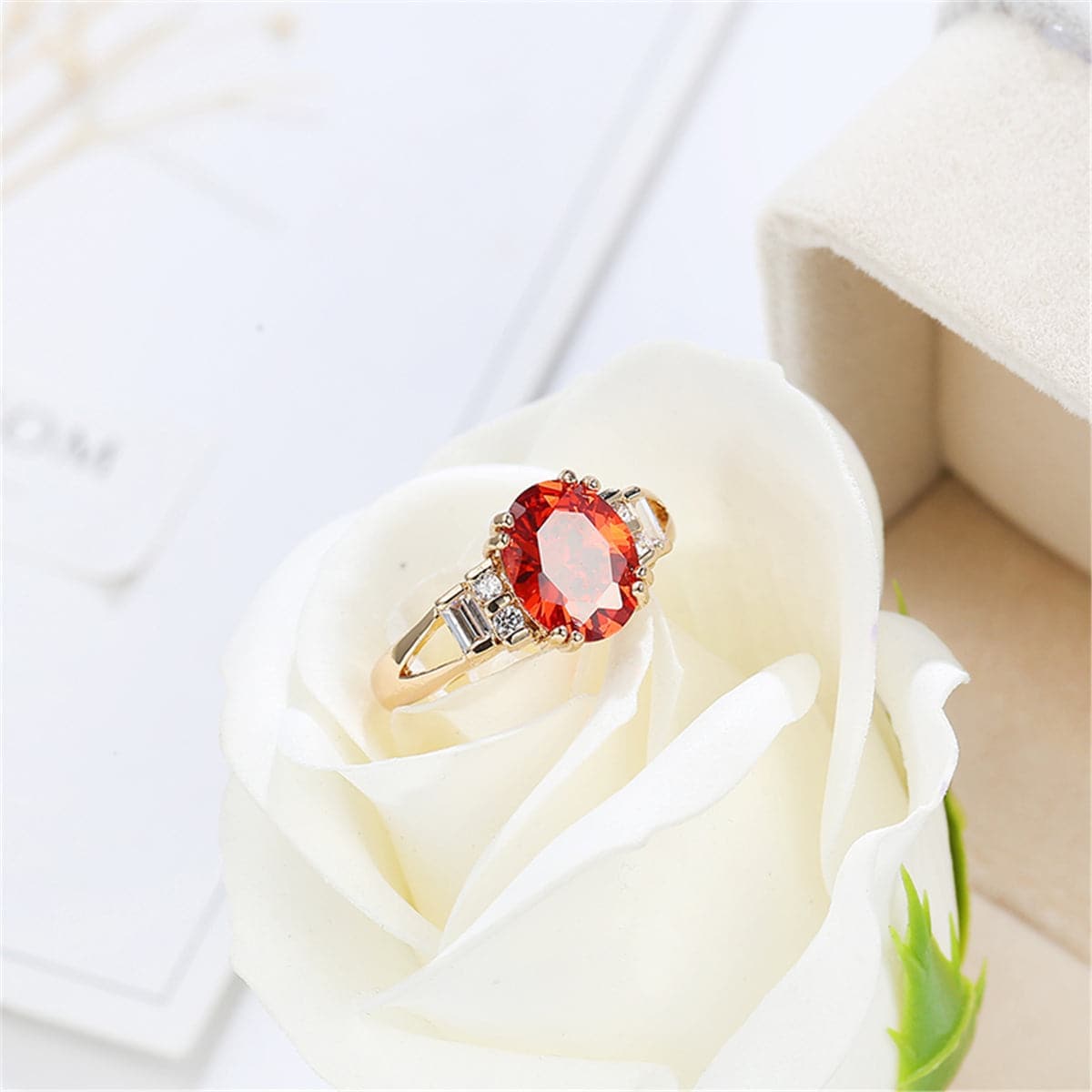 Red Crystal & Cubic Zirconia Goldtone Baguette Oval Ring