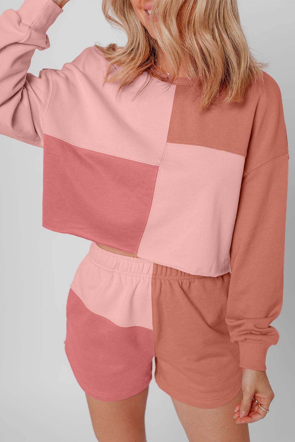 Saige Patchwork Long Sleeve Shorts - Peach Blossom / L - 12/14