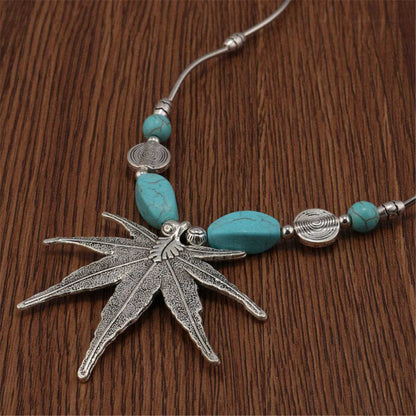 Turquoise & Cubic Zirconia Silvertone Maple Leaf Necklace