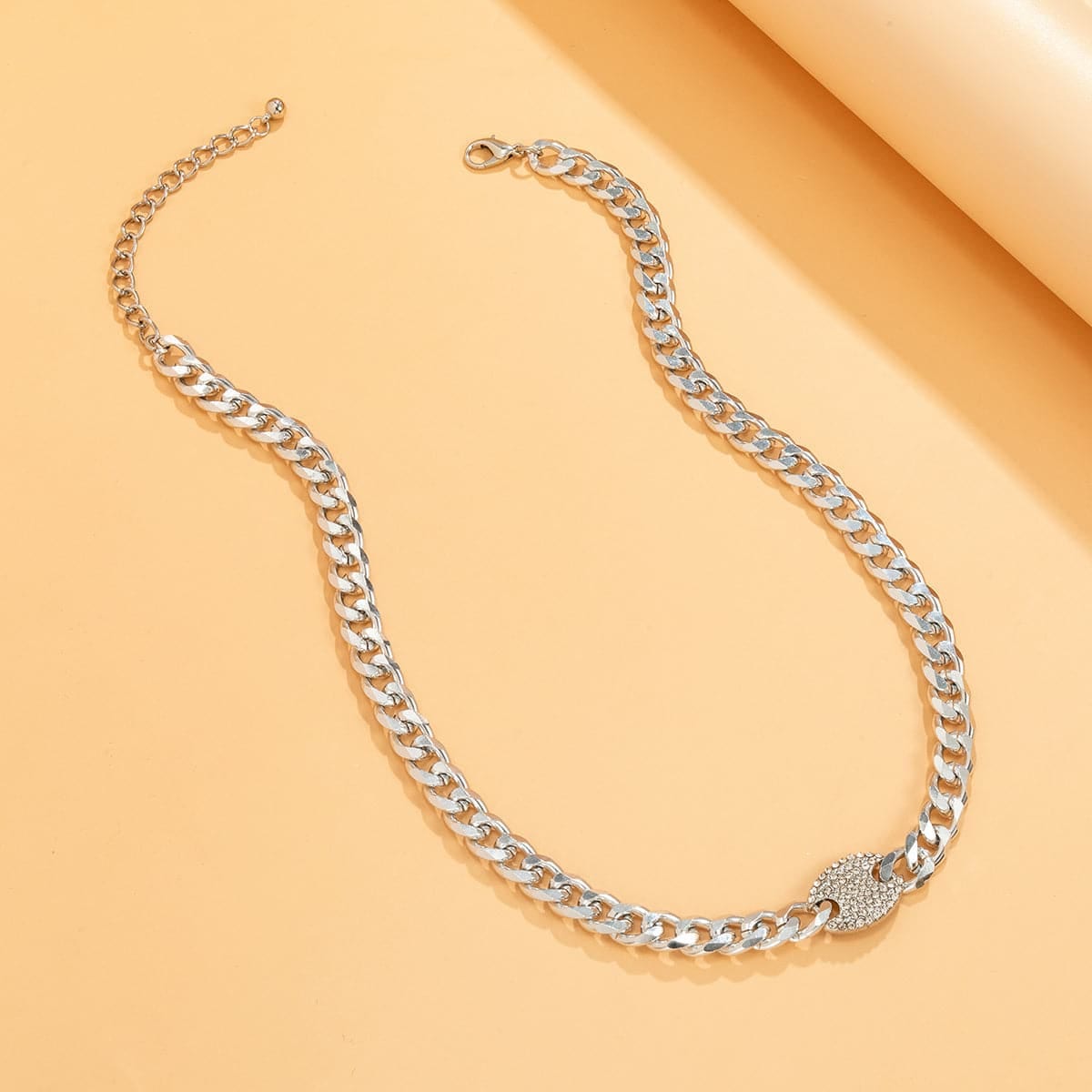 Cubic Zirconia & Silvertone Oval Cable Chain Necklace