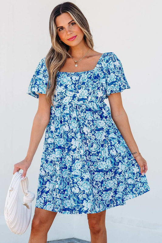 Threaded Pear Azalea Floral Puff Sleeve Babydoll Mini Dress