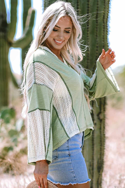 Ruby Crochet Detail Exposed Seam High Low Loose Top - Grass Green / M - 8/10