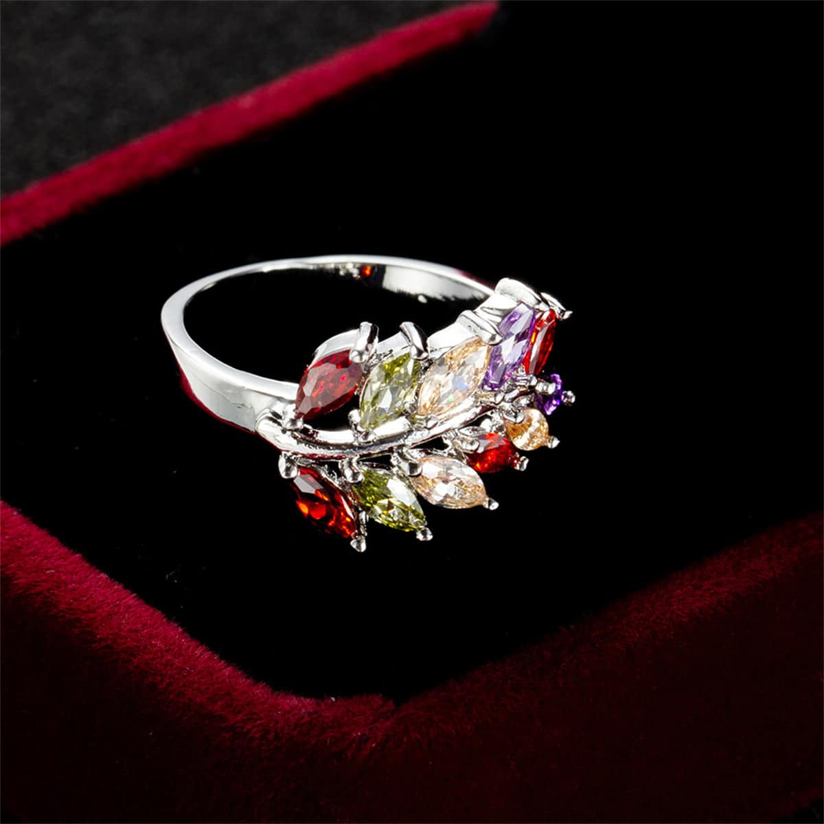 Marquise Crystal & Silvertone Leaf Ring-2