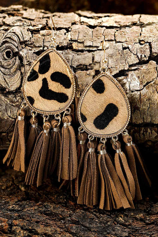 Threaded Pear Boho Leopard Tasseled Hook Earrings