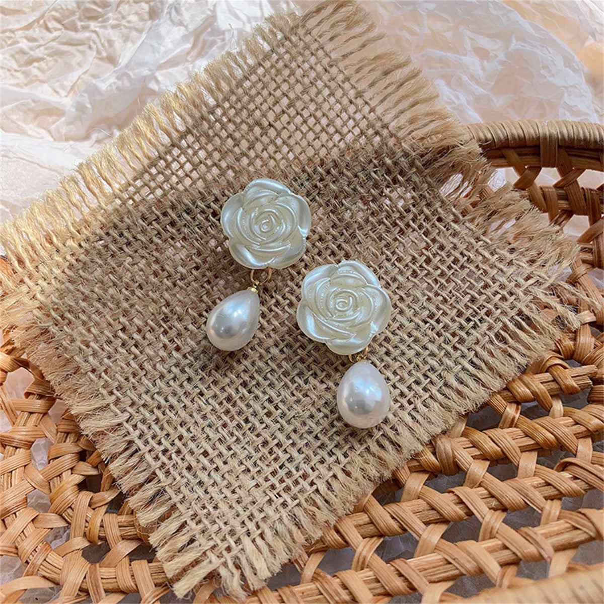 Pearl & White Resin Goldtone Camellia Drop Earrings