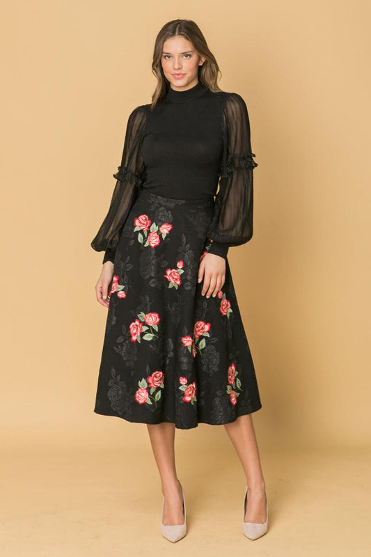 Rose Embroidery Midi Skirt