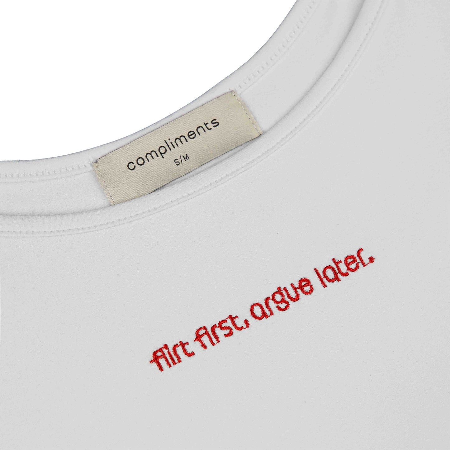 Compliments Flirt First, Argue Later Women's Tank White