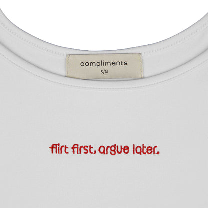 Compliments Flirt First, Argue Later Women's Tank White