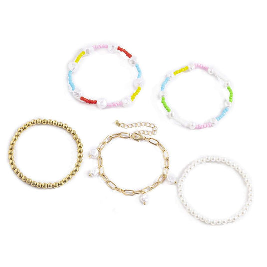 Blue Howlite & Pearl Color Block Beaded Stretch Bracelet Set